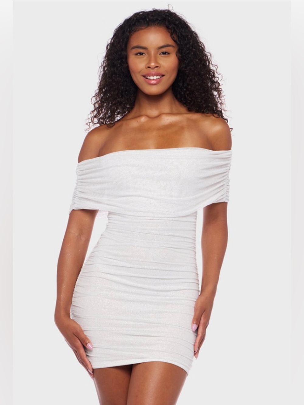 NWT B. Darlin Junior’s Off-Shoulder Glitter White Mesh Ruched Bodycon Dress